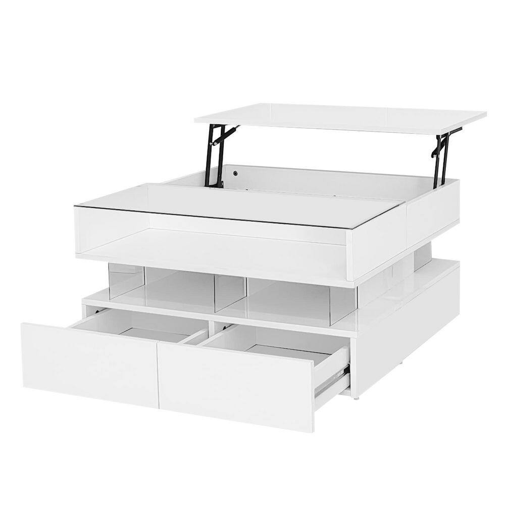 29.5 In. White Lift-Top Square Glass Top Coffee Table with 2 Drawers, High-Gloss