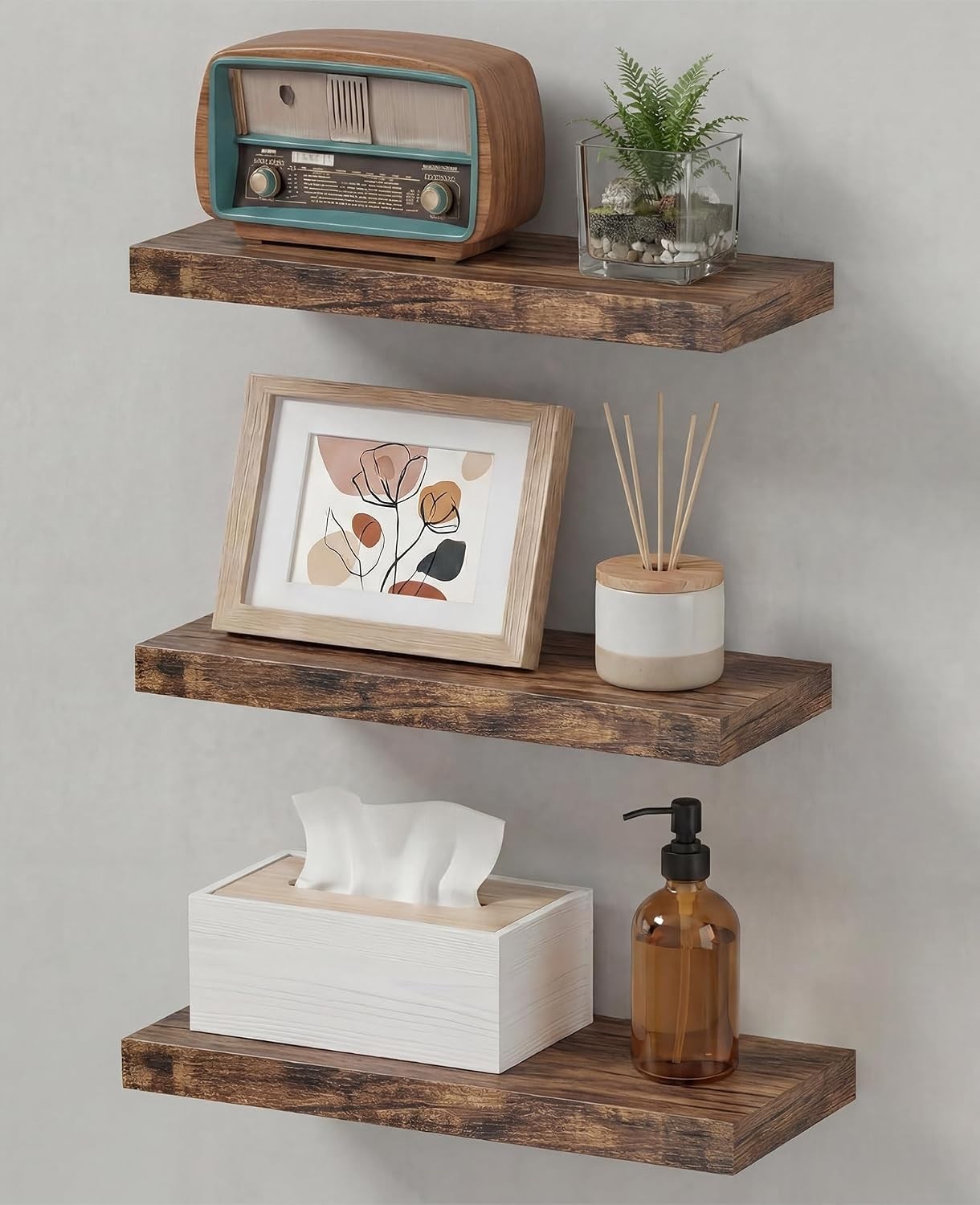 Easy Install 15.7 Inch Floating Wall Shelves Set of 3 Brown | Wooden Wall-mou…