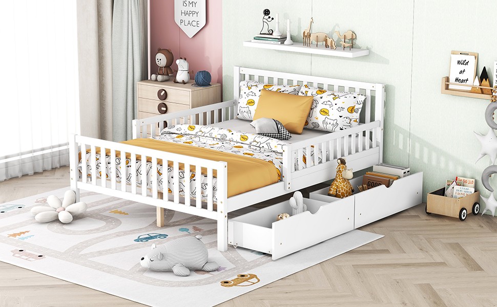 Full Size Bed Frame w/ Guardrails on Both Sides Two Storage Drawers White Wood
