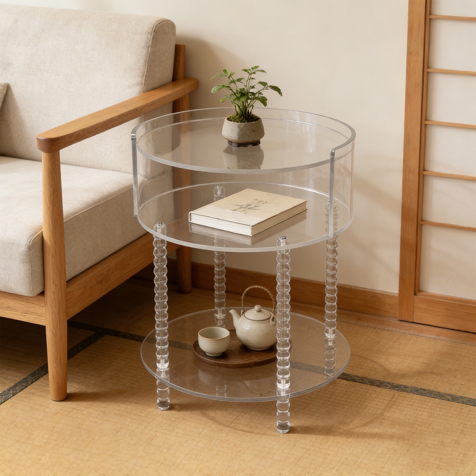 44lbs 3-tier Shelf Acrylic Side Table With Rounded Silhouette And Beaded Legs