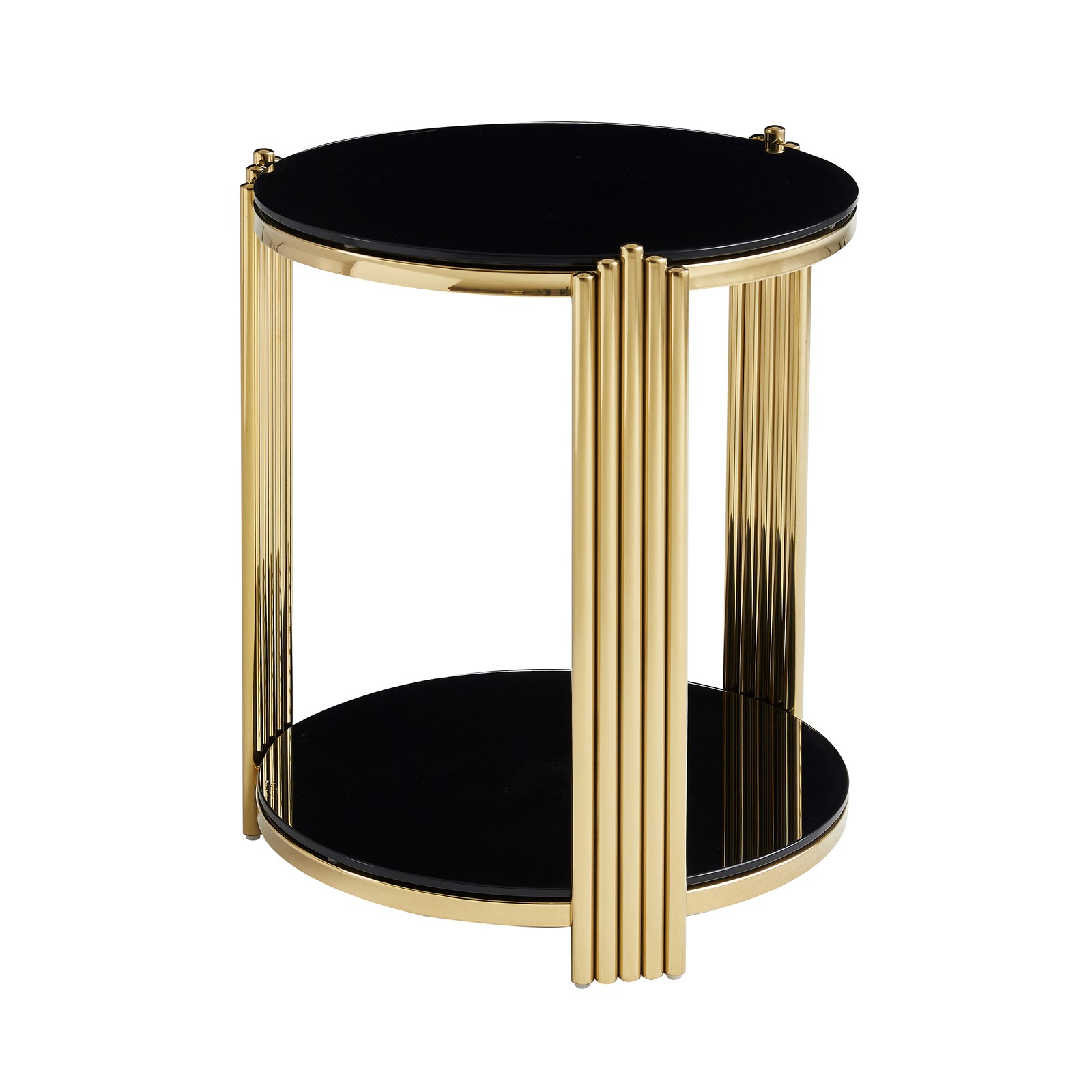 16.9in Round End SideTable Double-Layer Black Glass Gold Stainless Steel Frame