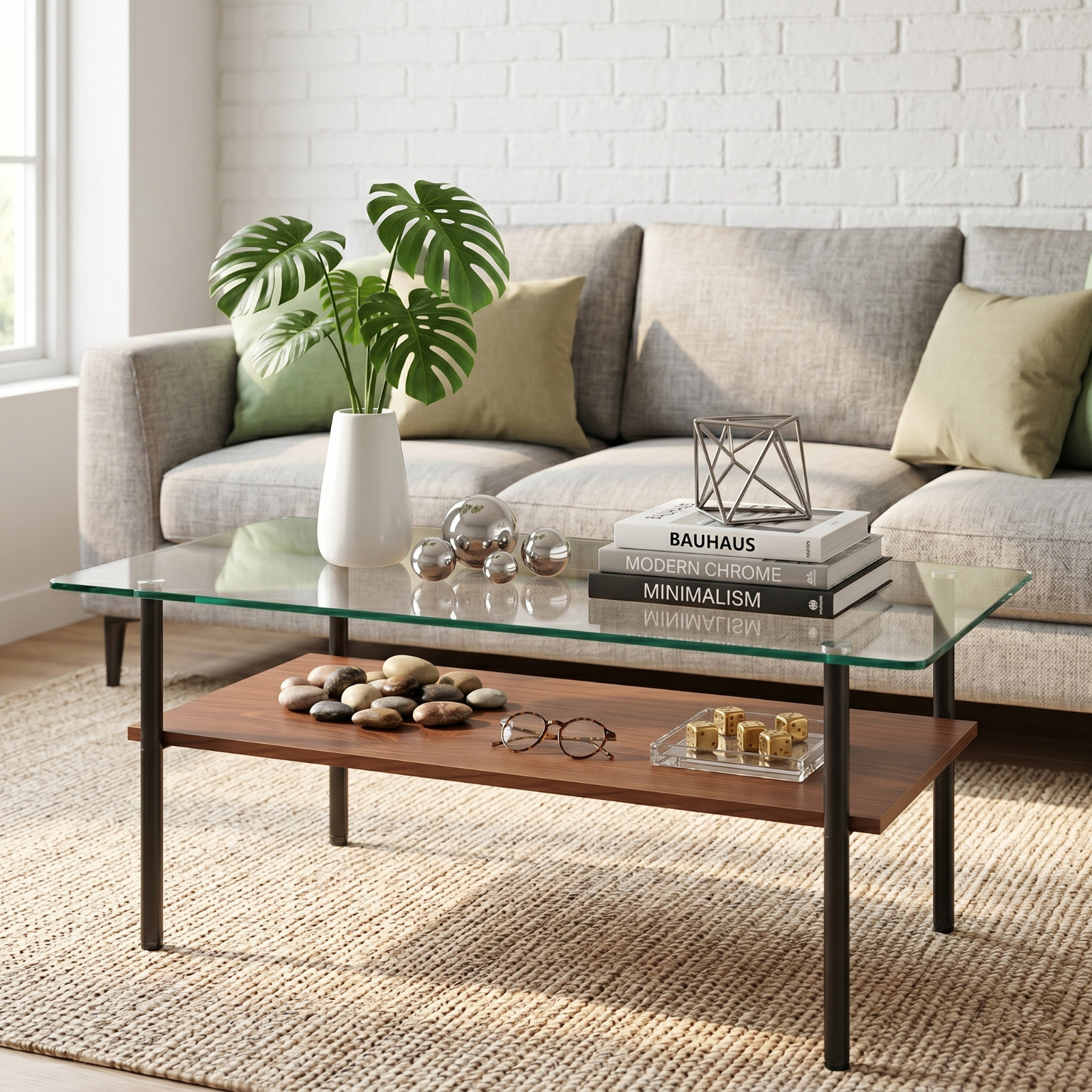 Rectangle Tempered Glass Coffee Table Center Table With Wooden Shelf Metal Legs