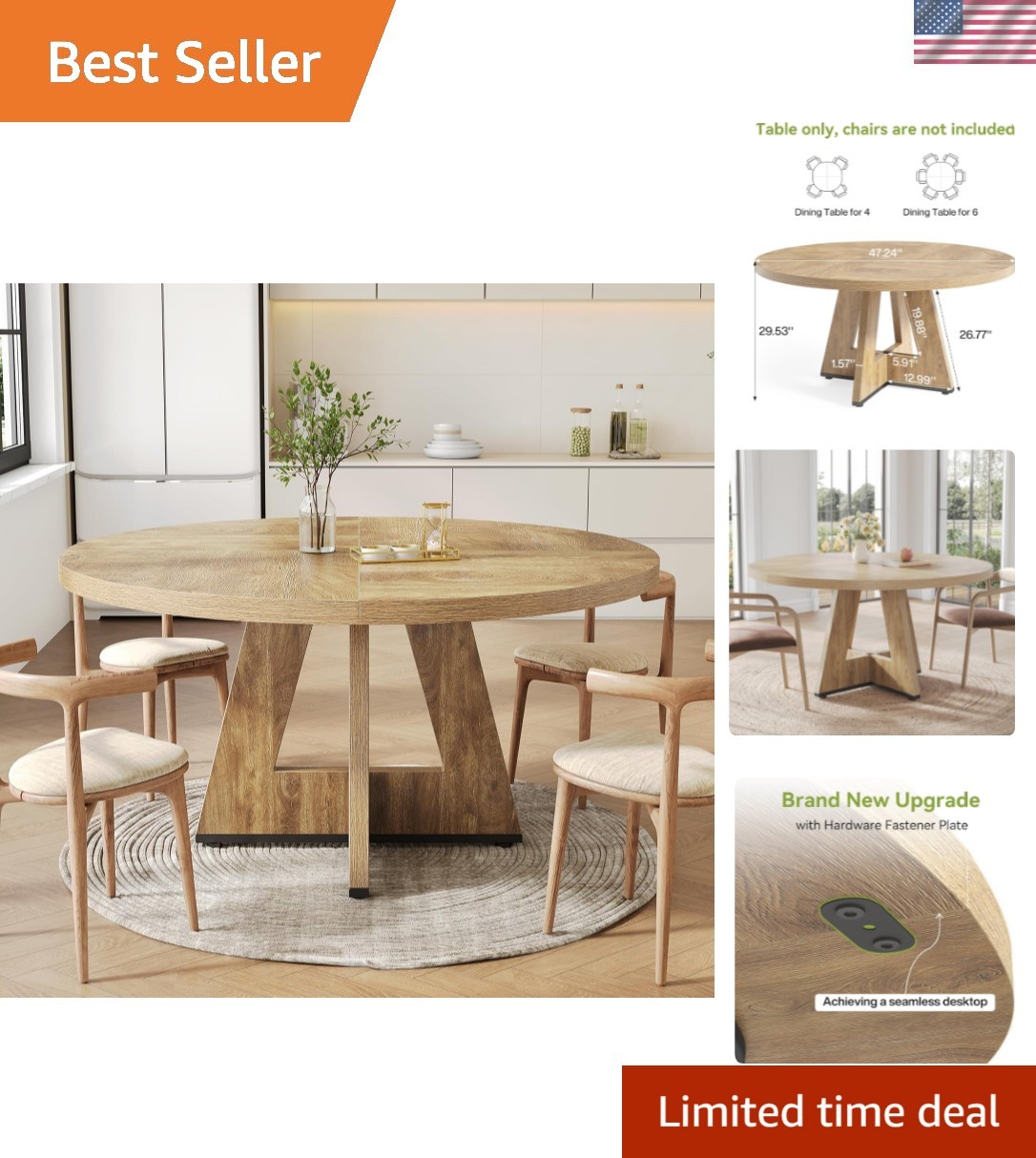 Round Dining Table for 4-6 People, 47 Inches Dining Room Table with Wooden Pe…