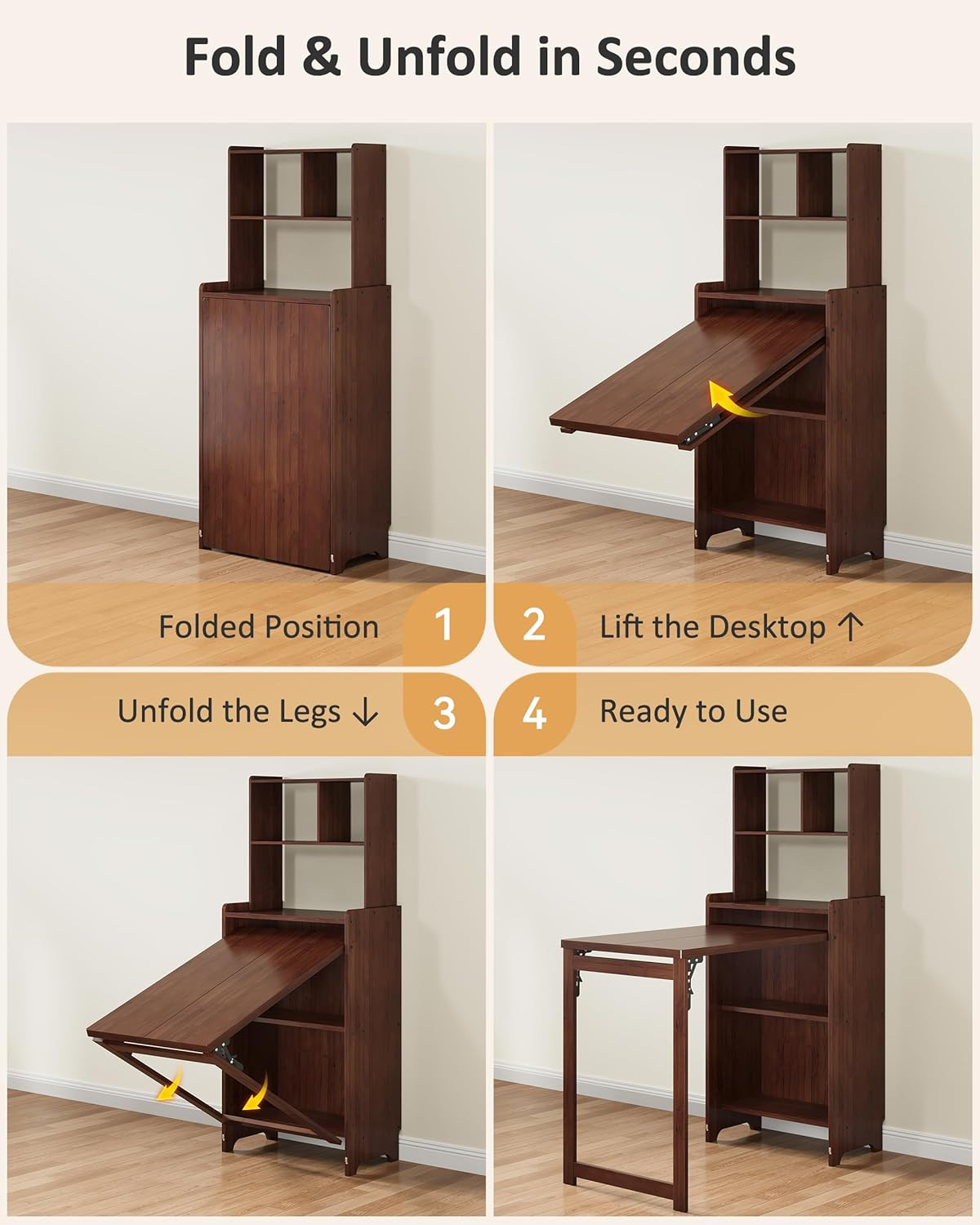 Bamboo Folding Desk for Small Spaces with Storage, Foldable Mid Century Modern D