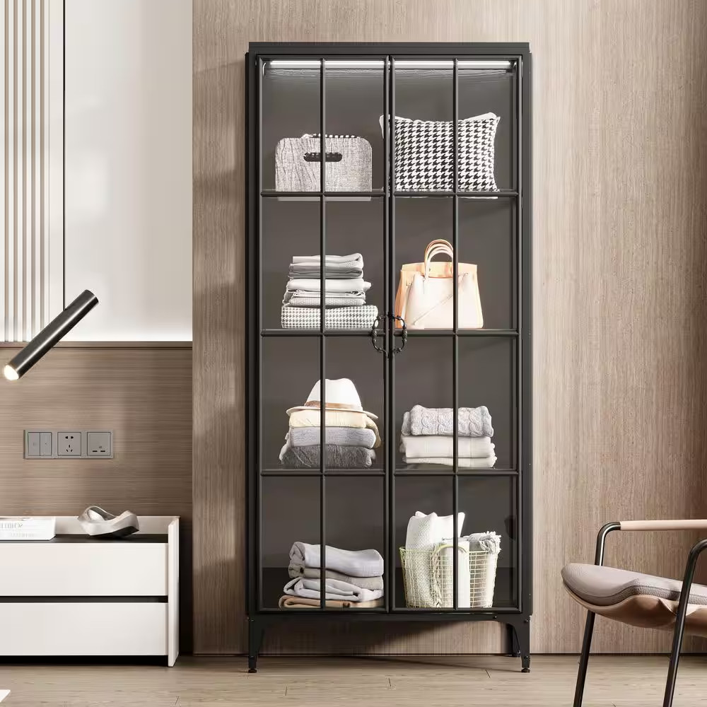 Black 70.9 In. H Wood and Metal Accent Cabinet, Sideboard, Bookcase with 4 Shelv