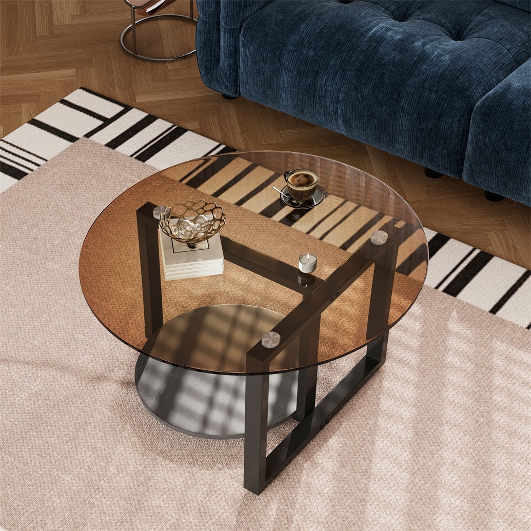 Brown Round Glass Coffee Table w/ Shelf Modern Living Room Center Table 31.5”D