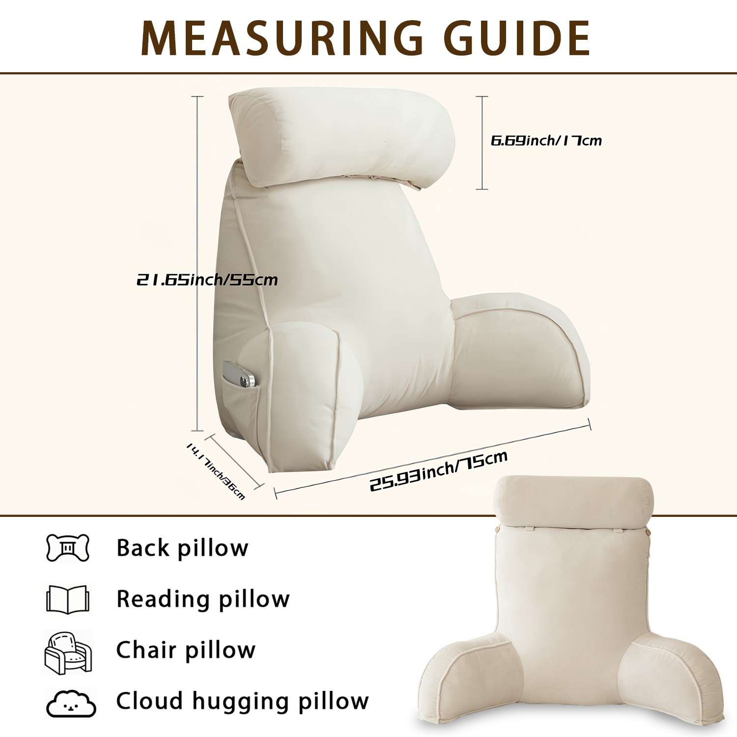 The reading pillow has a waist support, an armrest, and a neck support.