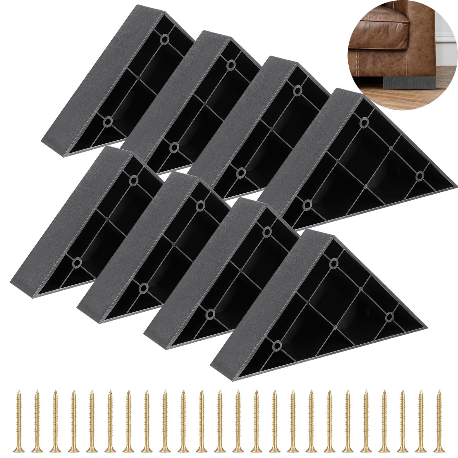 8 Pcs Black Plastic Triangle Corner Sofa Legs with Screws for Furniture Couch
