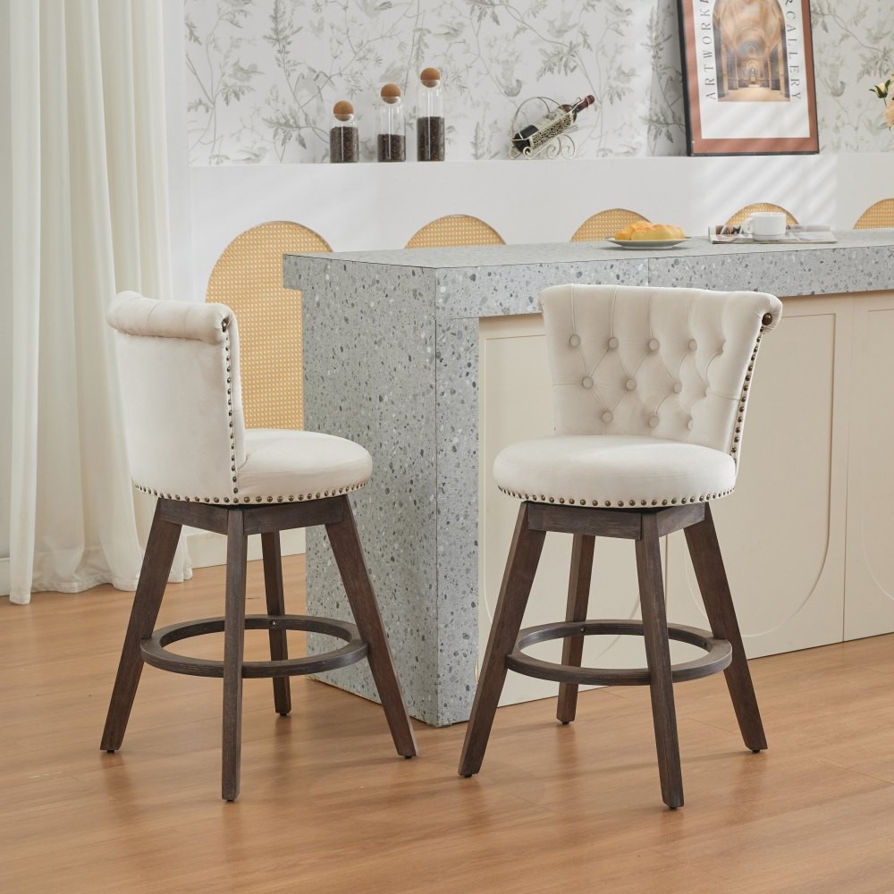 26″ 360° Swivel Counter Height Bar Stools Set of 2 Tufted Button Trimmed Wood
