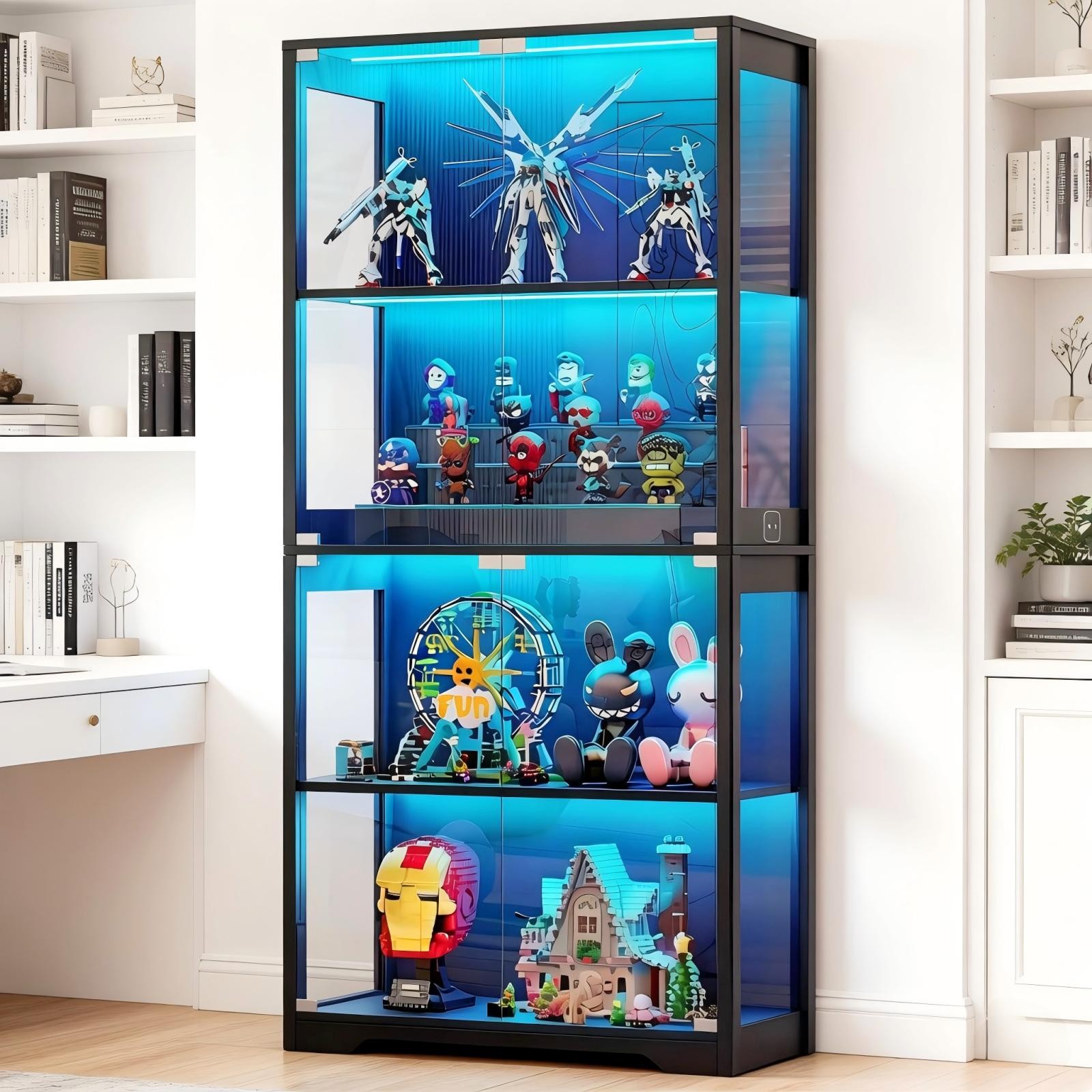 BROTTAR 4-Tier Glass Curio Display Cabinet with Pop-Up Doors, 3-Color LED Lights