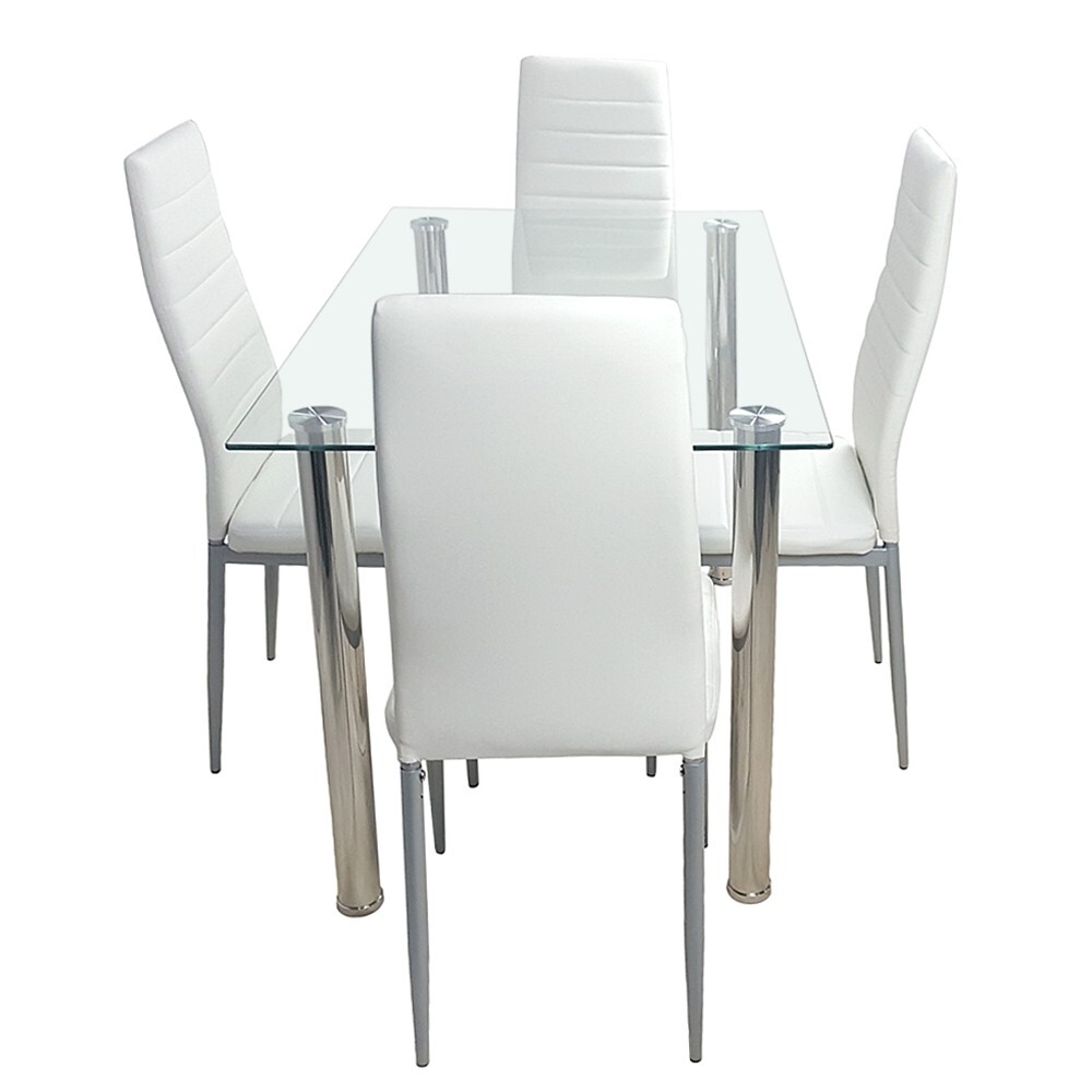 US Clear Tempered Glass Rectangular Dining Table Stainless Steel Leg Dining Room
