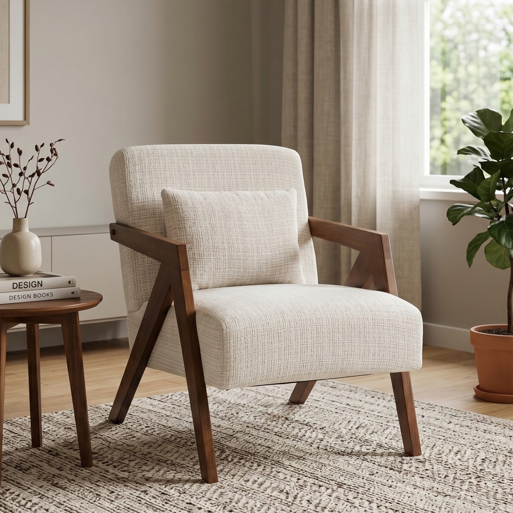 Mid-Century Modern Accent Chair Solid Wood Upholstered Living Room Arm Chairs