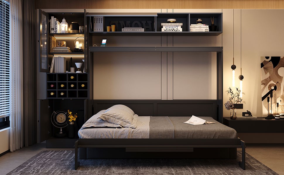Full Size Murphy Bed with Sofa, Shelves, USB & Light, Gray