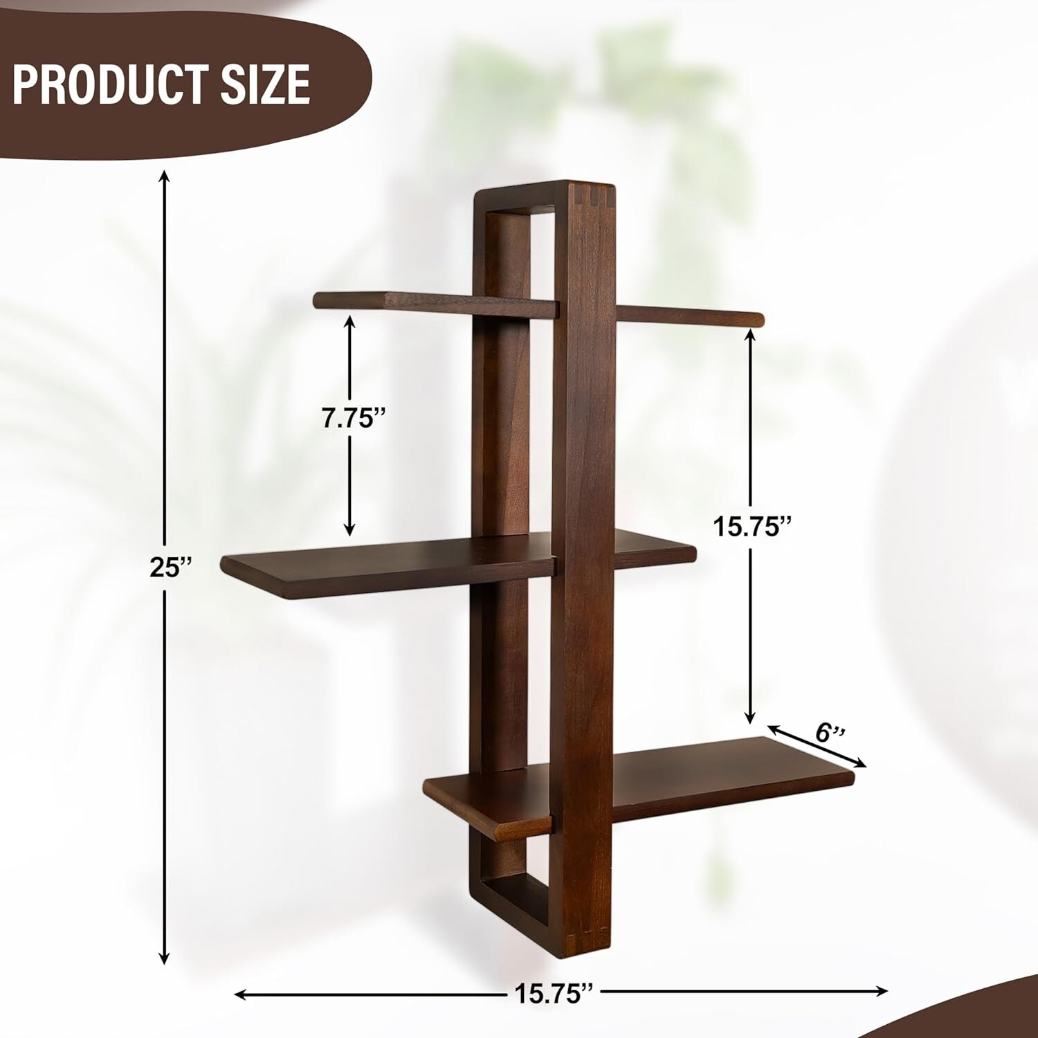 Adjustable Floating Wood Wall Shelf, Walnut Finish, 3 Shelves, 25″H x 15.75″W
