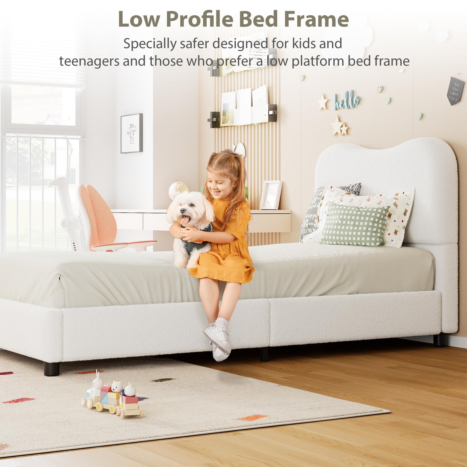 3 Sizes Platform Bed Frame with Velvet Upholstered Headboard for Kids Girls Boys