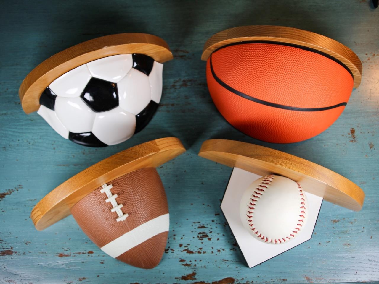 Set/4 Sports Baseball Basketball Football Soccer Display Shelves Boys Wall Decor