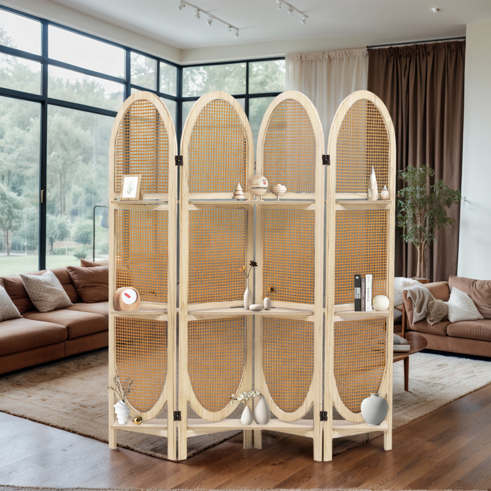 4 Panel Rattan Room Divider w/ Shelves Folding Wood Privacy Screens Partition