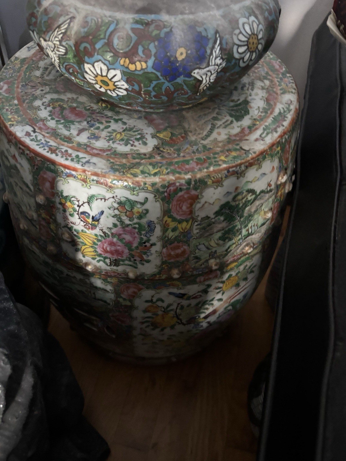 Asian Oriental Porcelain Garden Stool Multicolor Floral Pattern Glossy Finish