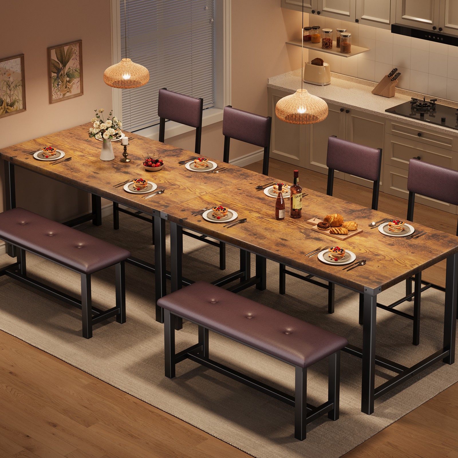 Classic Style Dining Table Set for 4, Table, Upholstered Bench & 2 Padded Chairs