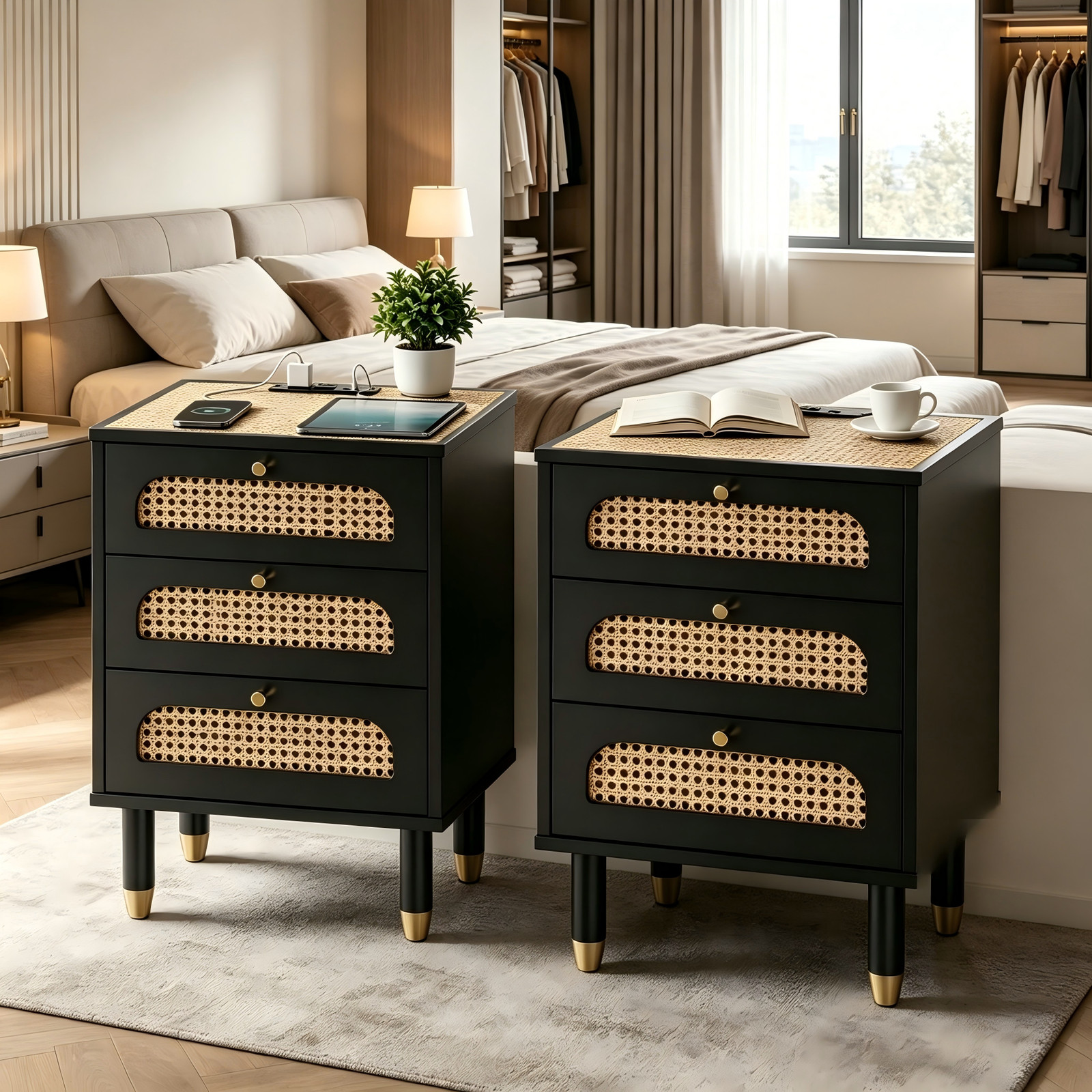 3-Drawer Nightstand with Woven Rattan Fronts and Built-in Power Outlet