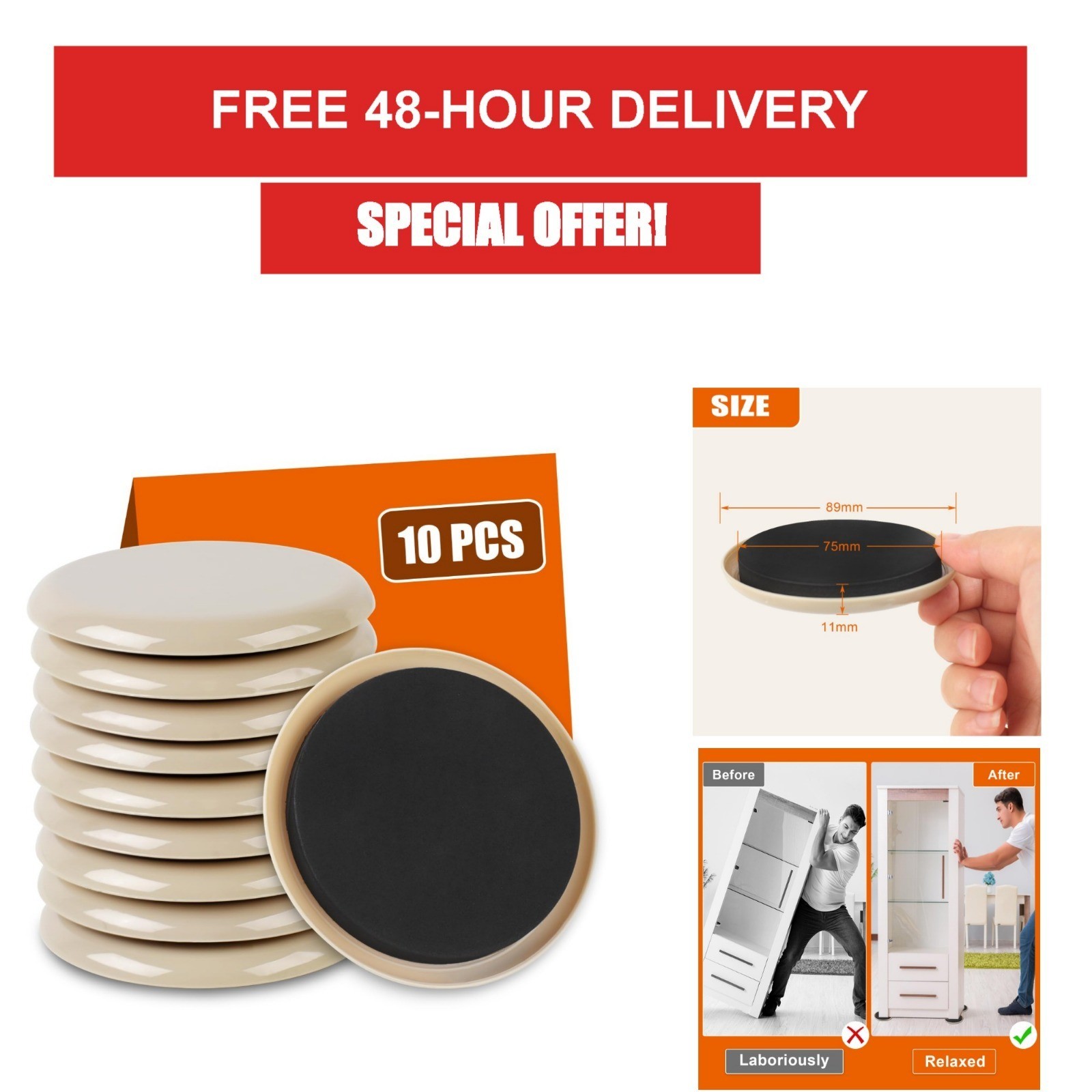 10PCS Furniture Sliders 3.5″ Heavy Duty Floor Protectors Beige