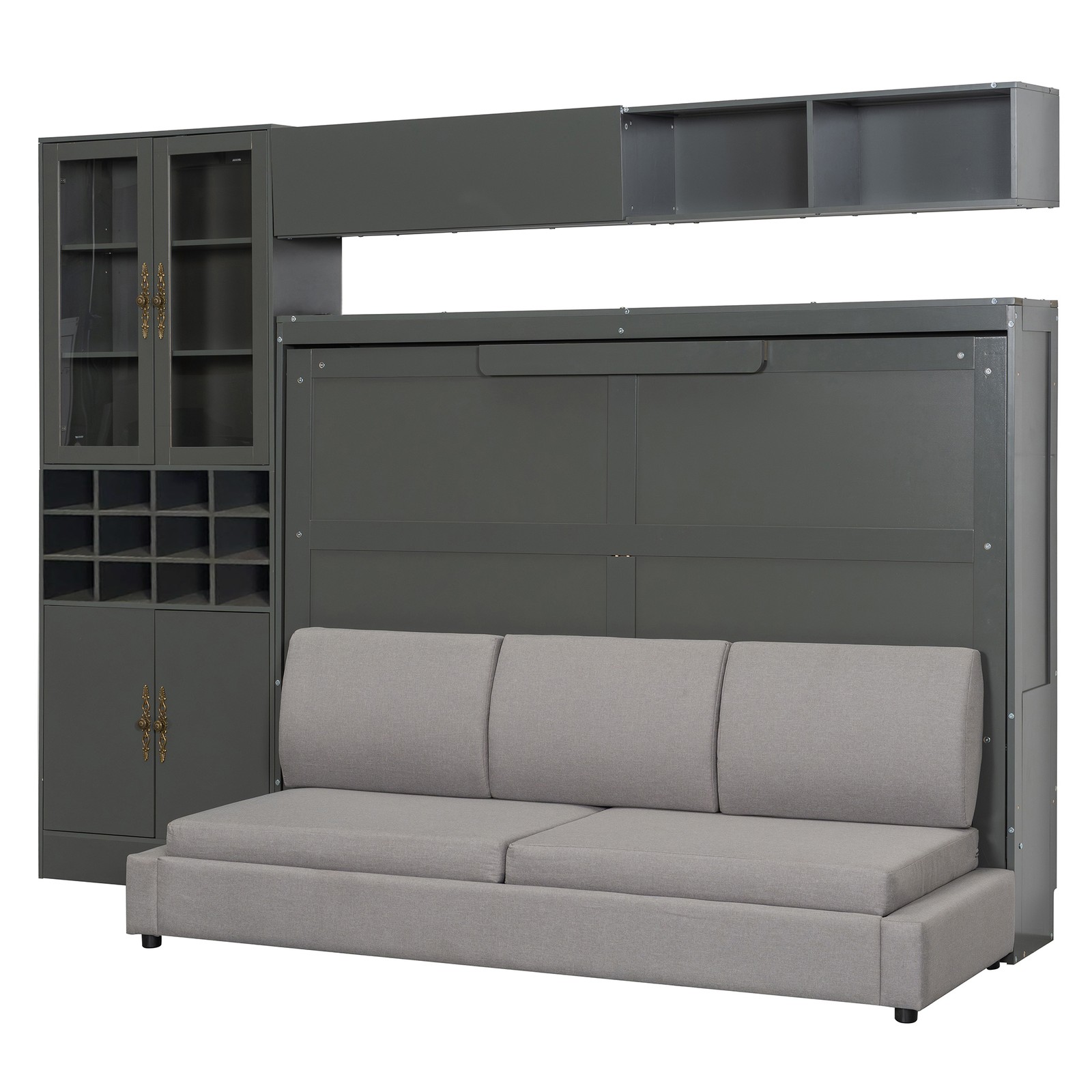 Full Size Murphy Bed with Sofa, Shelves, USB & Light, Gray
