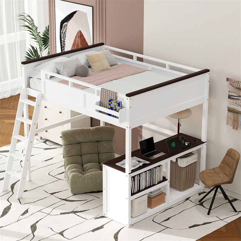 Queen Size Loft Bed with Desk,Open Shelf and Storage Box,Charging Station,White