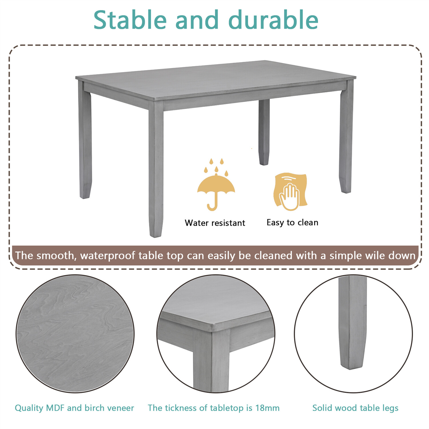 Modern Dining Table Wood Table Rectangular Table Kitchen Table For 4 Person Gray