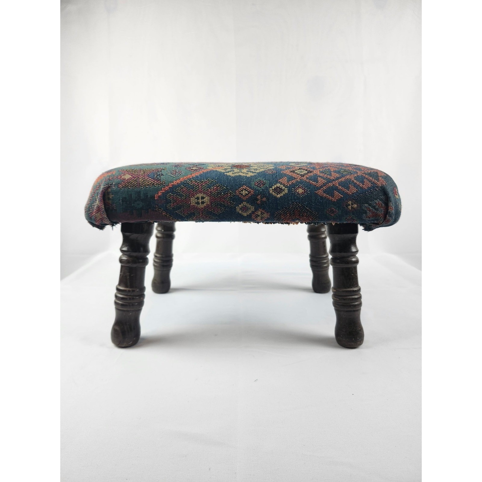 Vintage Tapestry Footstool Small Ottoman Wood Spindle Legs Boho Geometric Stool