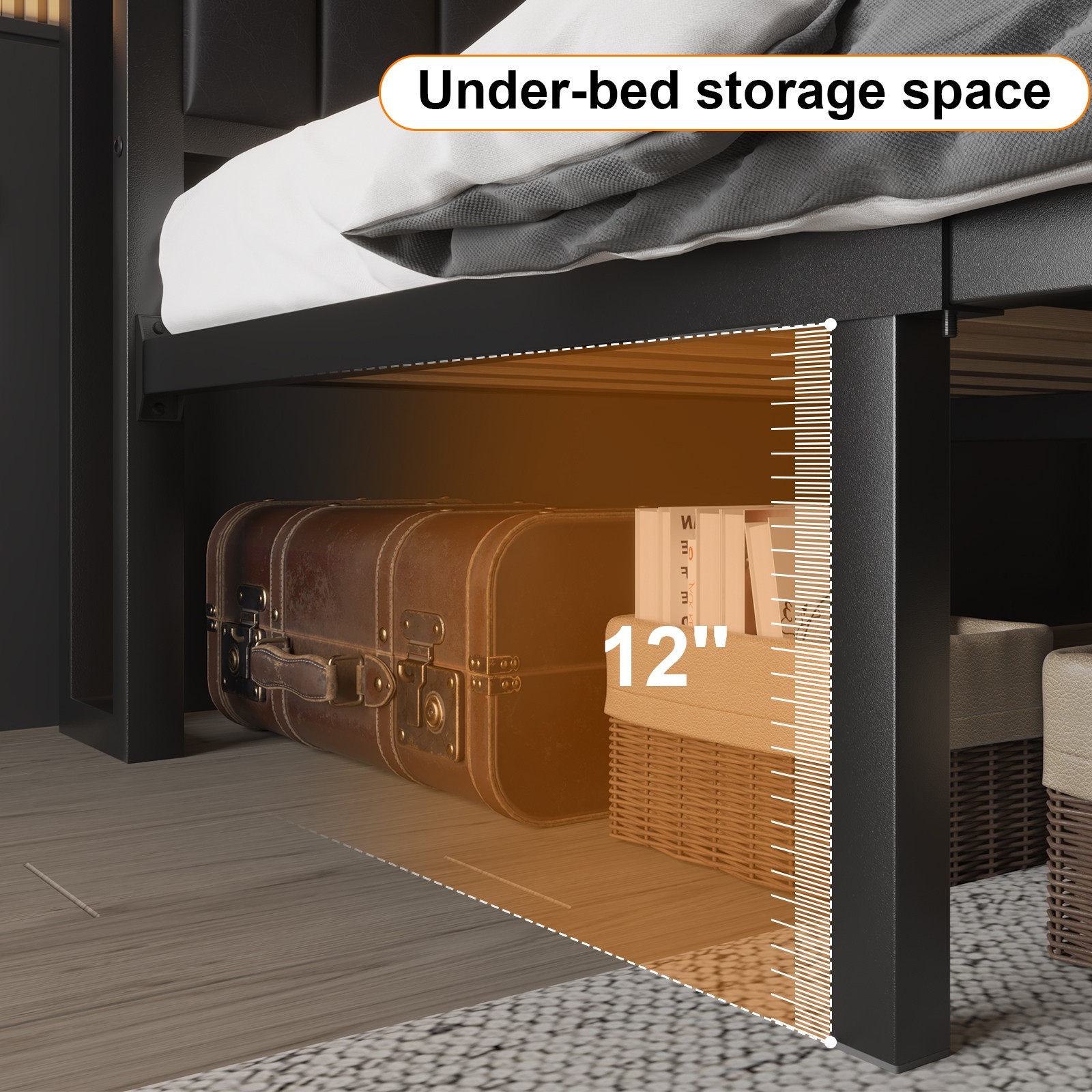 Full Queen LED Bed Frame with Charging Station&Upholstered Storage Headboard