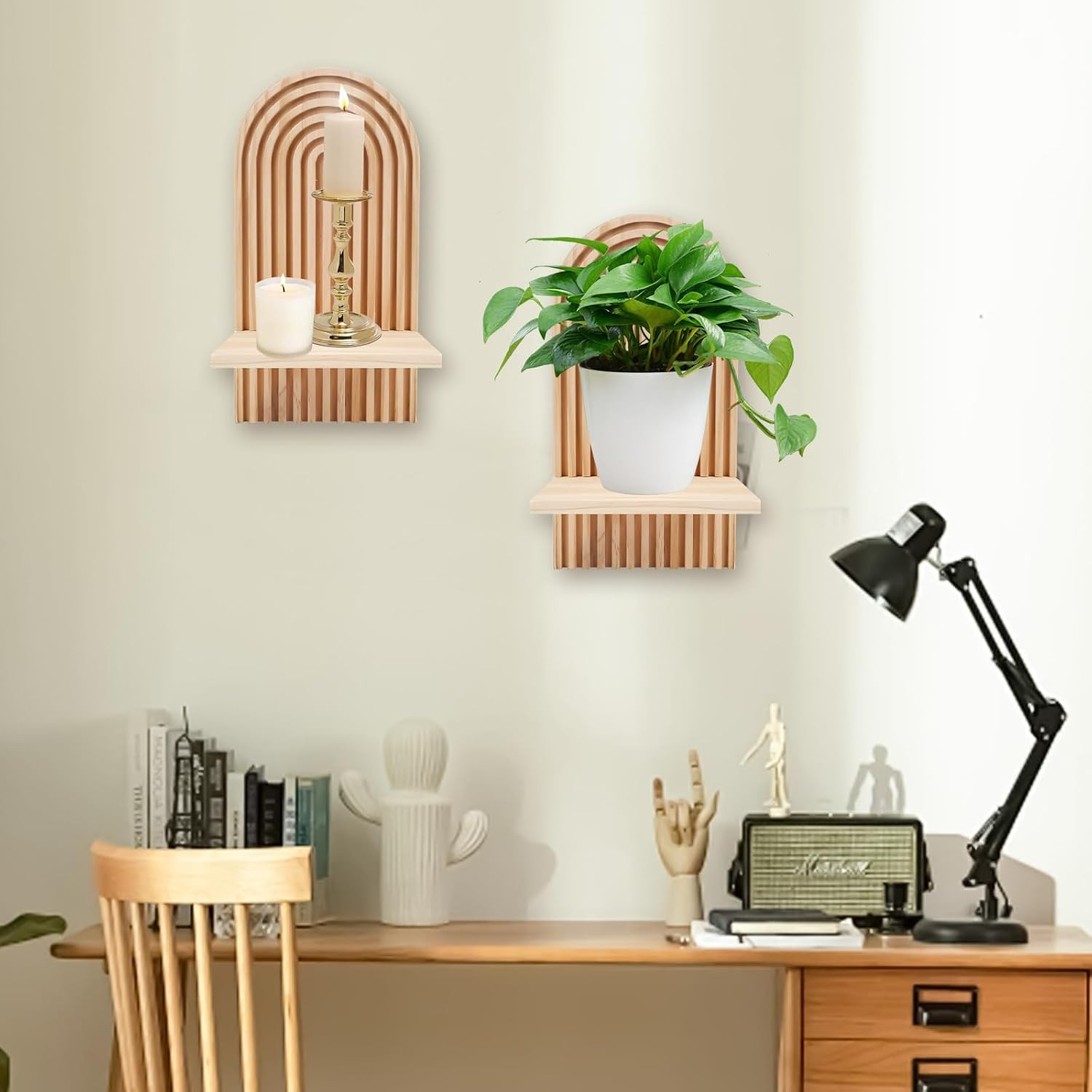 Boho Arched Wooden Floating Shelves – 2 Pcs for Home Decor & Organization