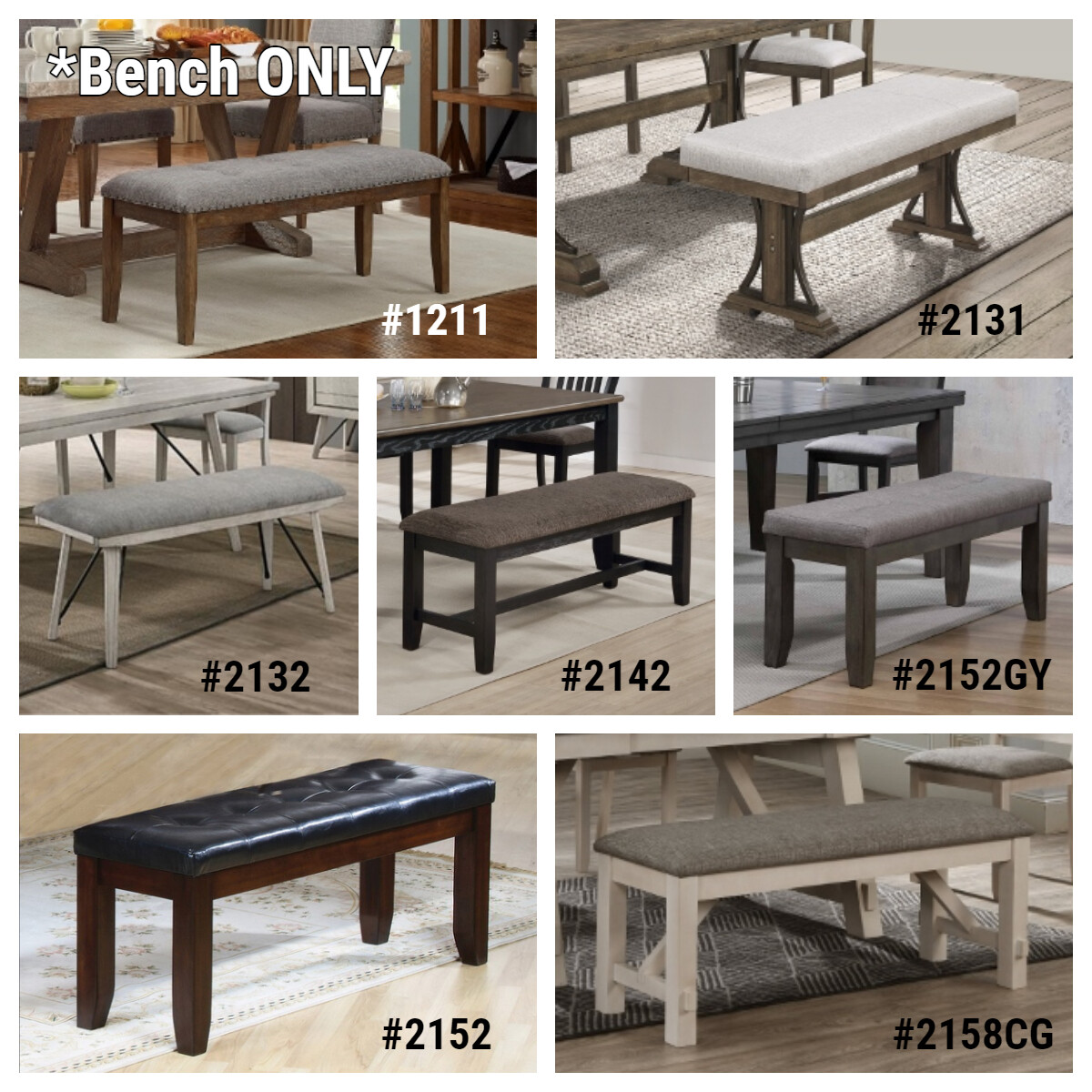 CrownMark 7-Style Wood Base Bench CM-1211/ 2131/ 2132/ 2142/ 2152/ 2152GY/ 2158