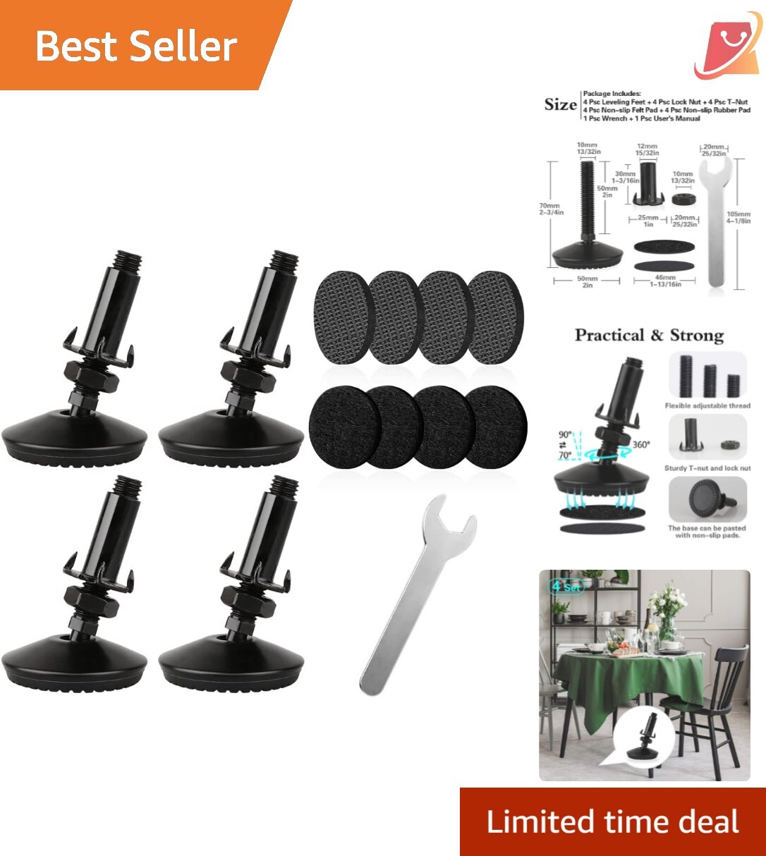 4 Set M10 Heavy Duty Swivel Leveling Feet for Furniture – Adjustable Leg Support