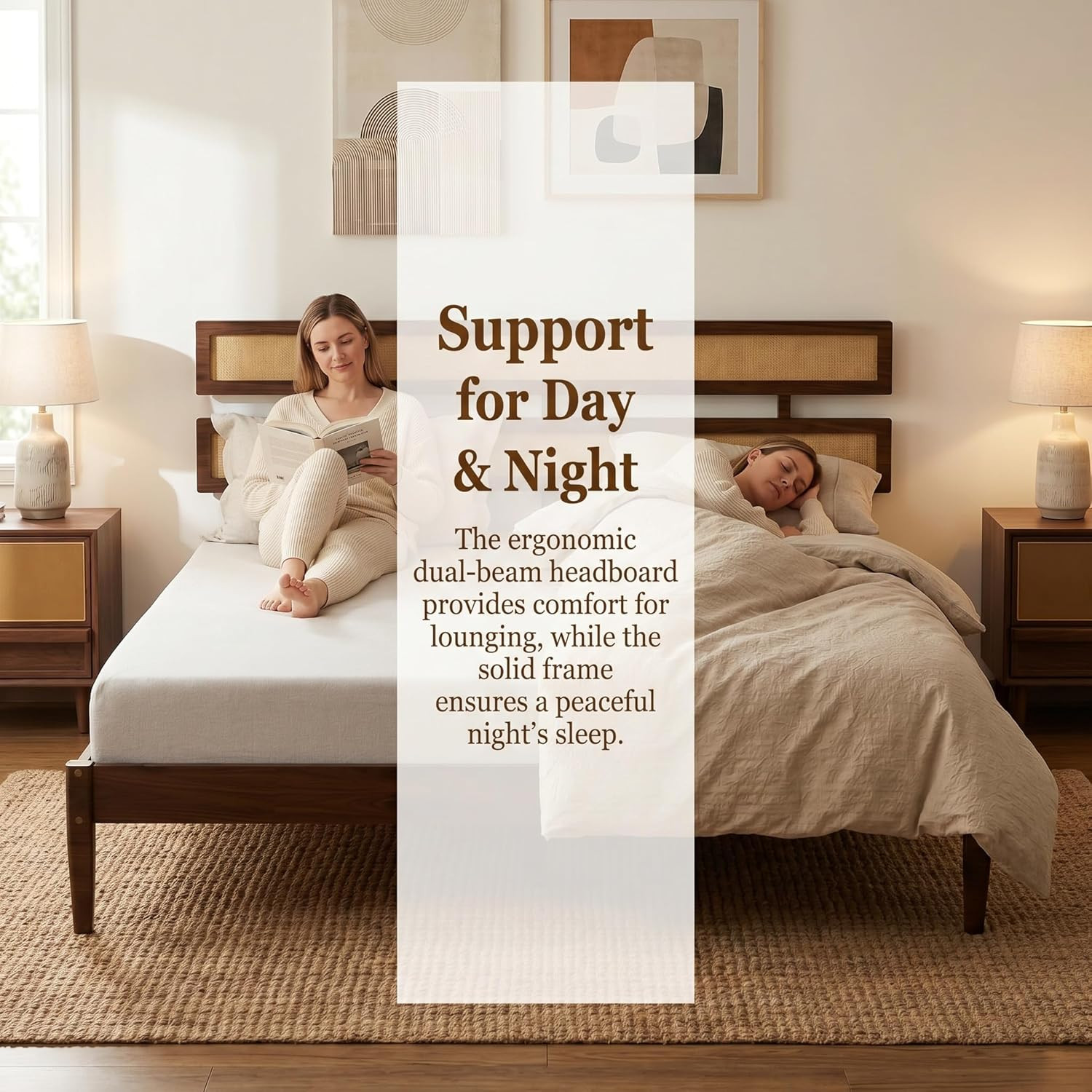 Full Size Wood Platform Bed Frame Walnut Rattan Headboard No Box Spring Needed