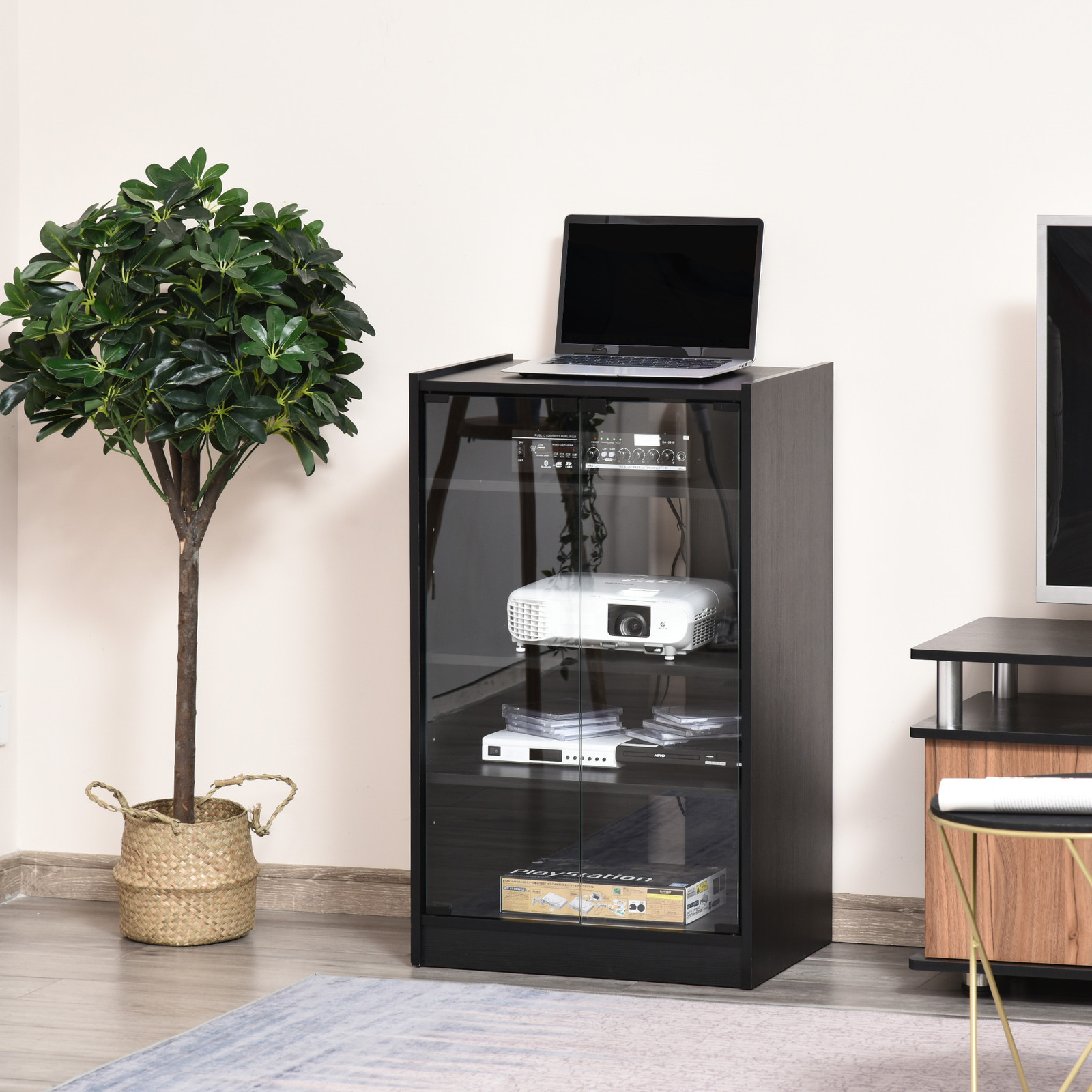 5-Tier Media Stand Cabinet w/3-Level Adjustable Shelves & Tempered Glass