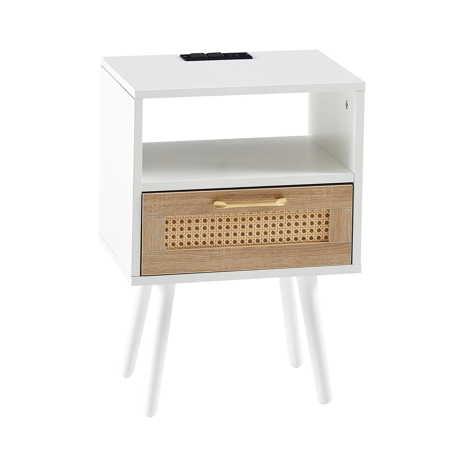 15.75″ Rattan End Table with Drawer, USB Ports & Outlet, White