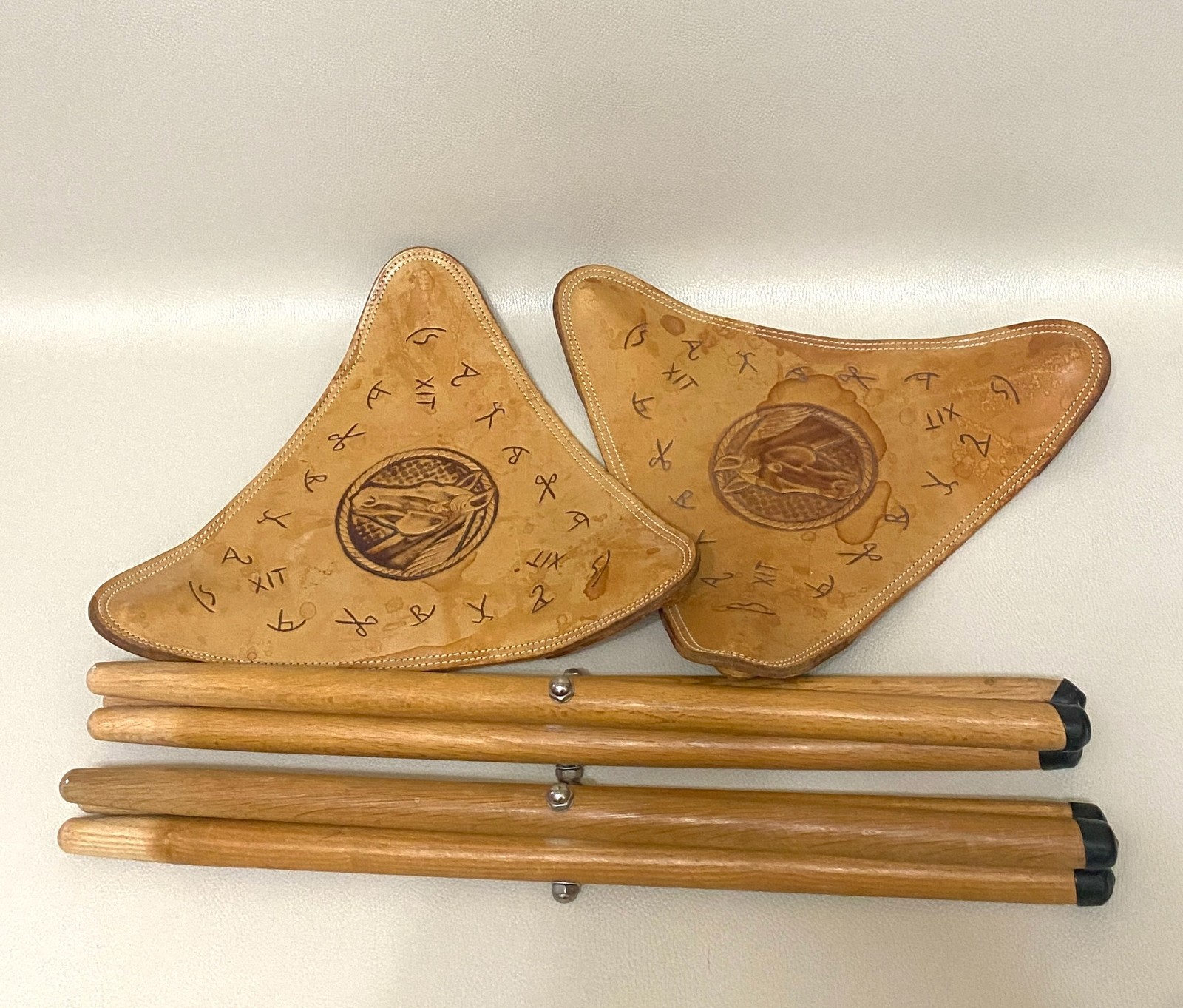 Vintage Tooled Folding Leather Horse Saddle Stools Pair Handmade