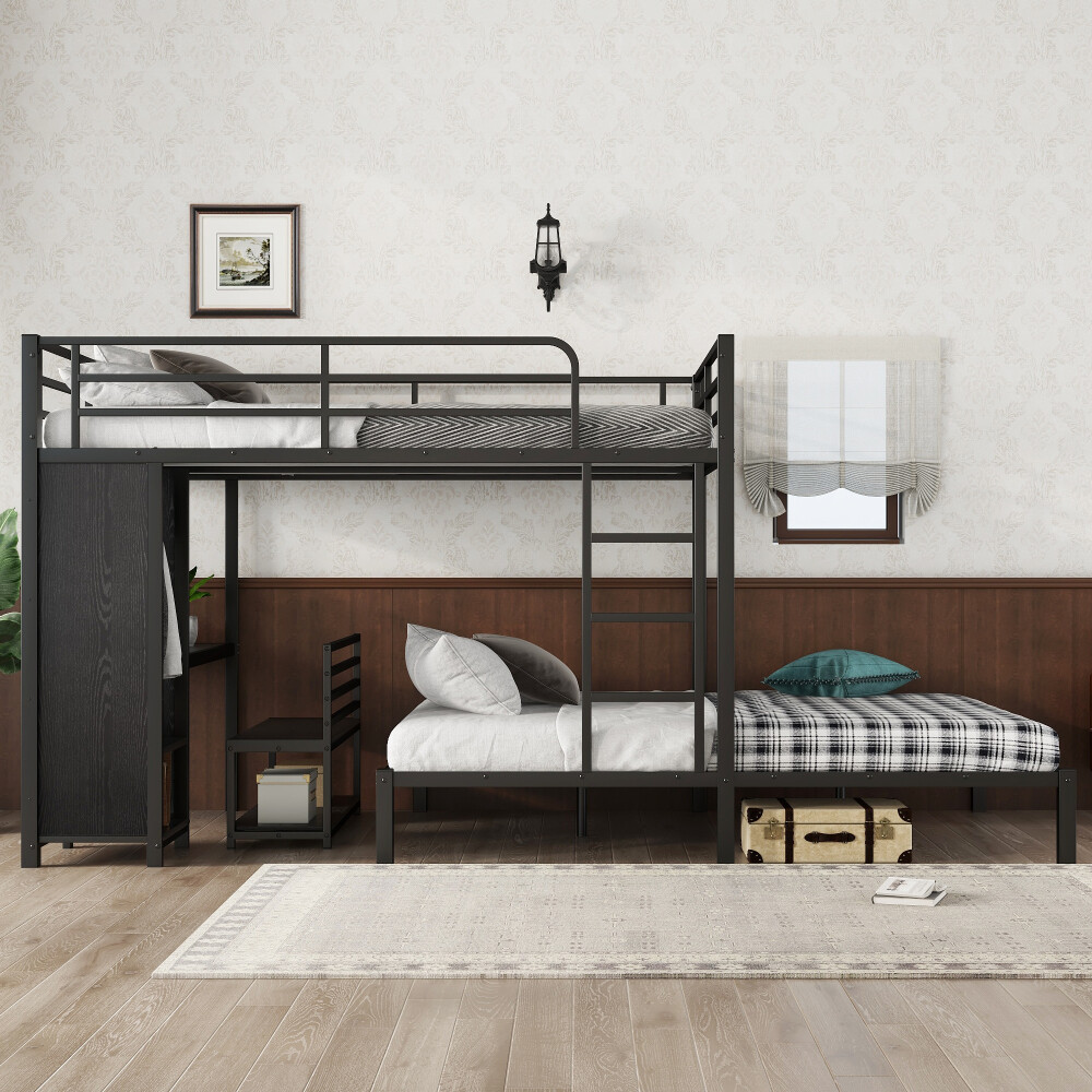 Queen over Queen Bunk Bed Frame with Wardrobe, Desk & Storage Chairs