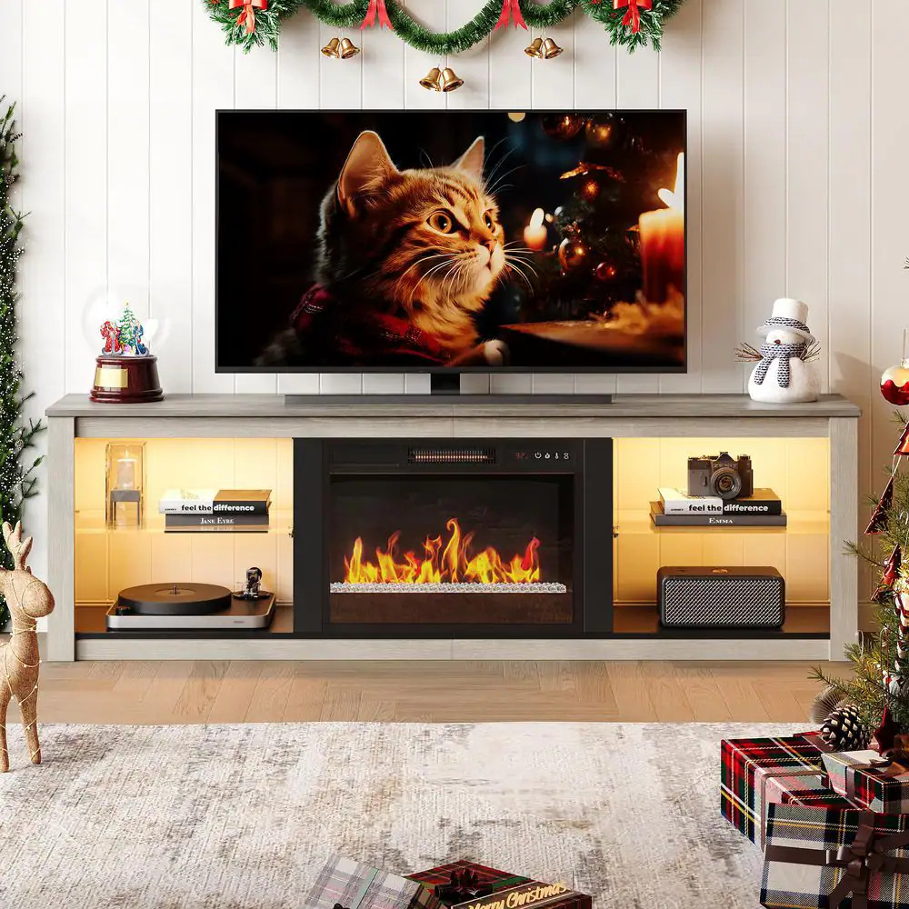 70.8 In. Light Grey TV Stand with Fireplace Fits Tvs up to 75 In. LED Enterta…
