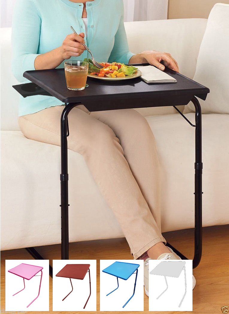 Portable & Foldable Comfortable Adjustable TV Tray Table Stand + Cup Holder NEW