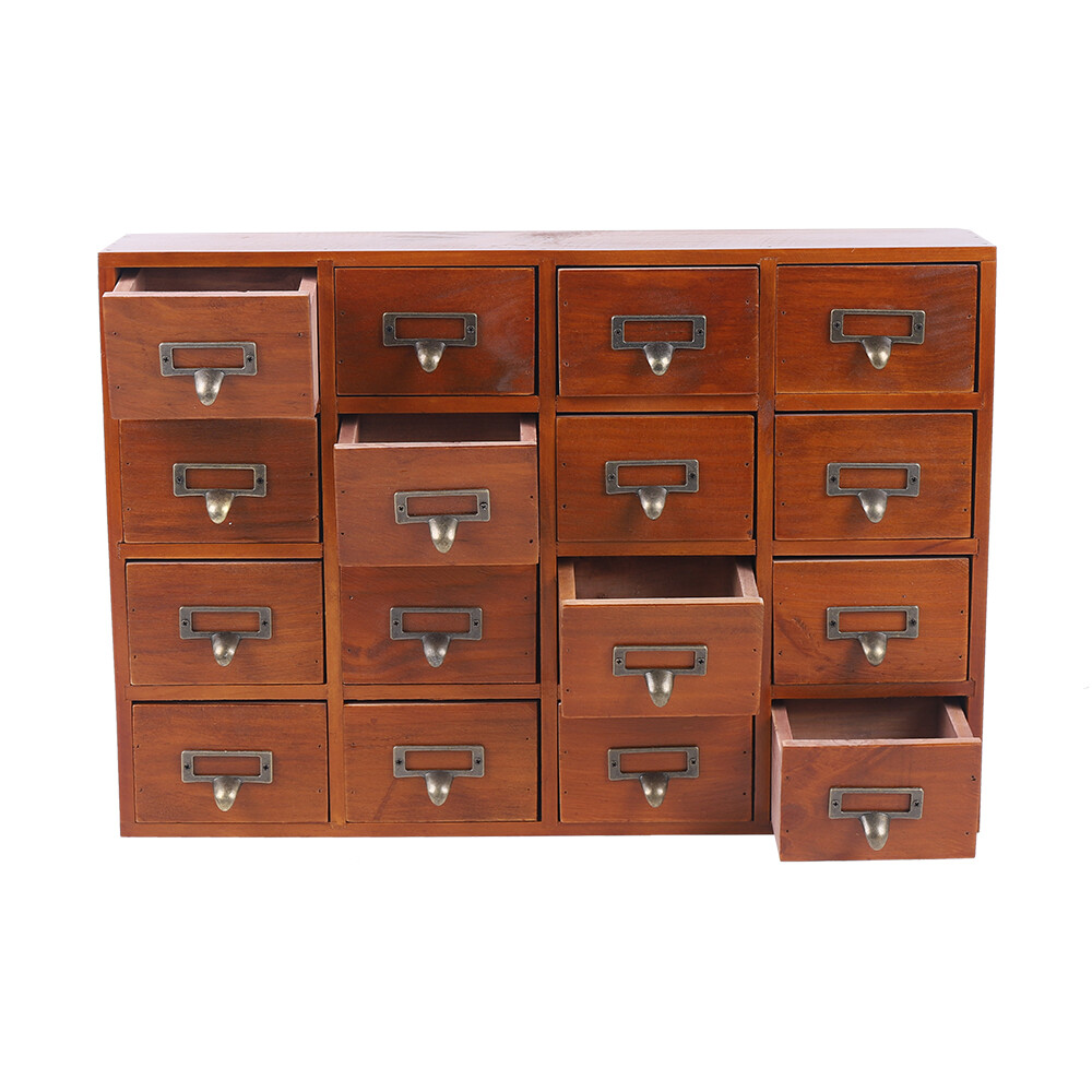 16-Drawers Wood Apothecary Medicine Cabinet Label Holder Card Catalog Vintage US