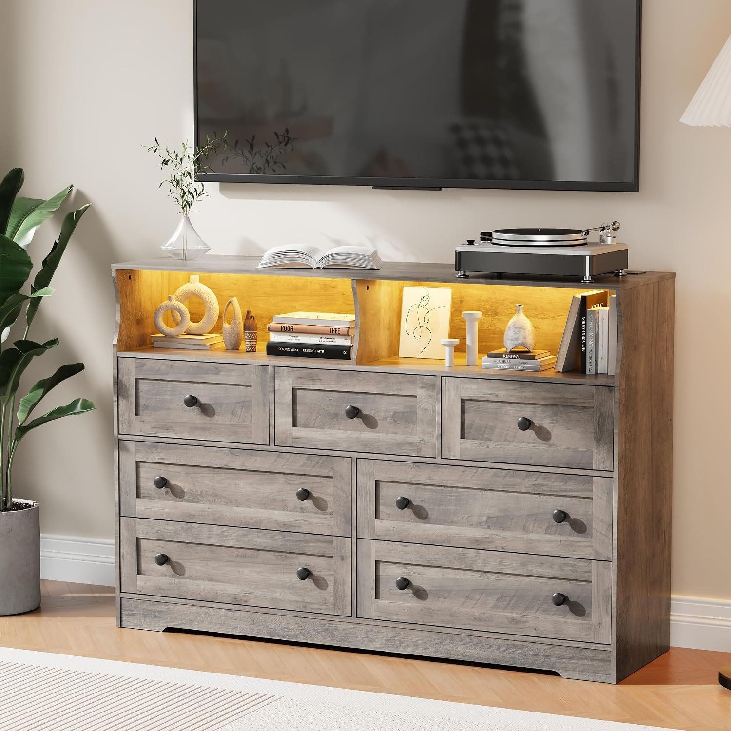 7-Drawer Dresser with LED Lights & Charging Station, Light Brown | Wooden Chest