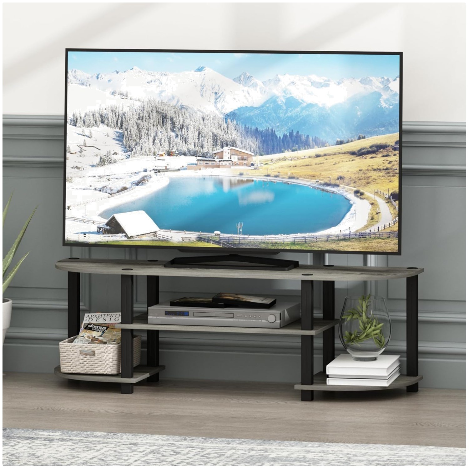 Minimalist Grey Oak TV Stand, 3-Tier Entertainment Console