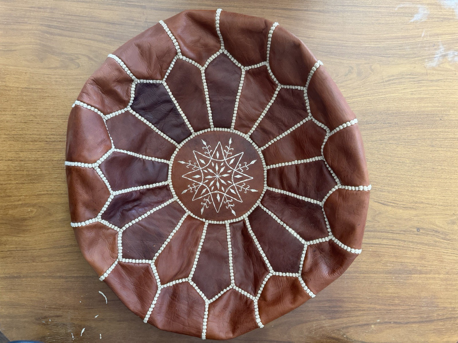 Dark Brown Round Pouf Cover – Handmade Leather Ottoman for Bohemian Style Living
