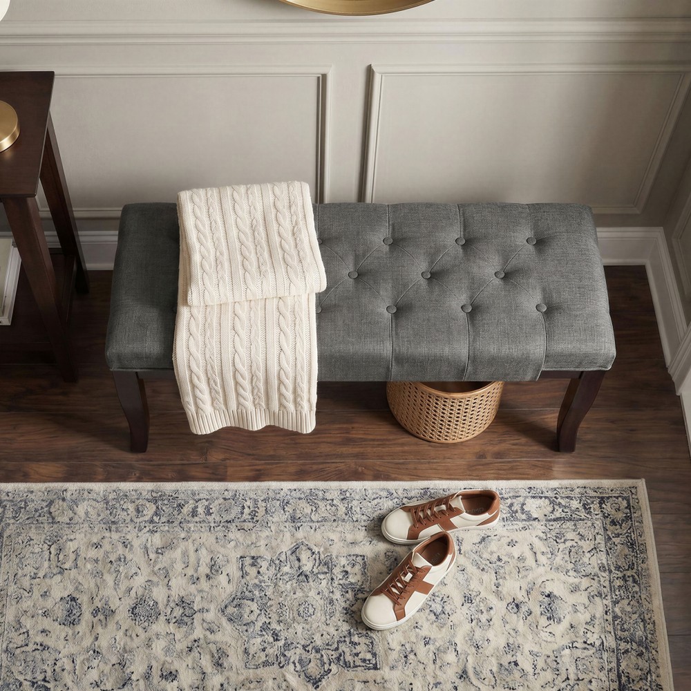 Linon Gray Fabric Tufted Bench for Entryway or Living Room