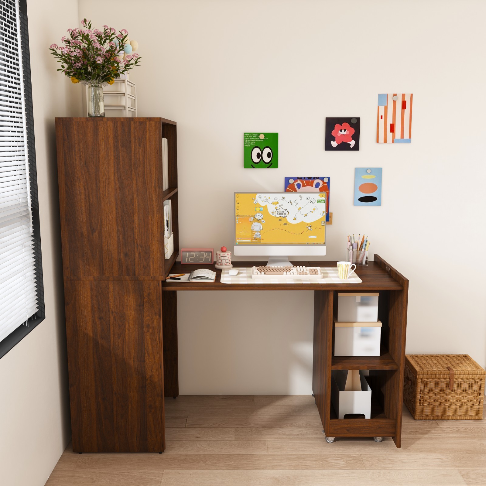 Stretchable Desk,Office Desk with Storage Shelves and Mobile Wheels for Offices