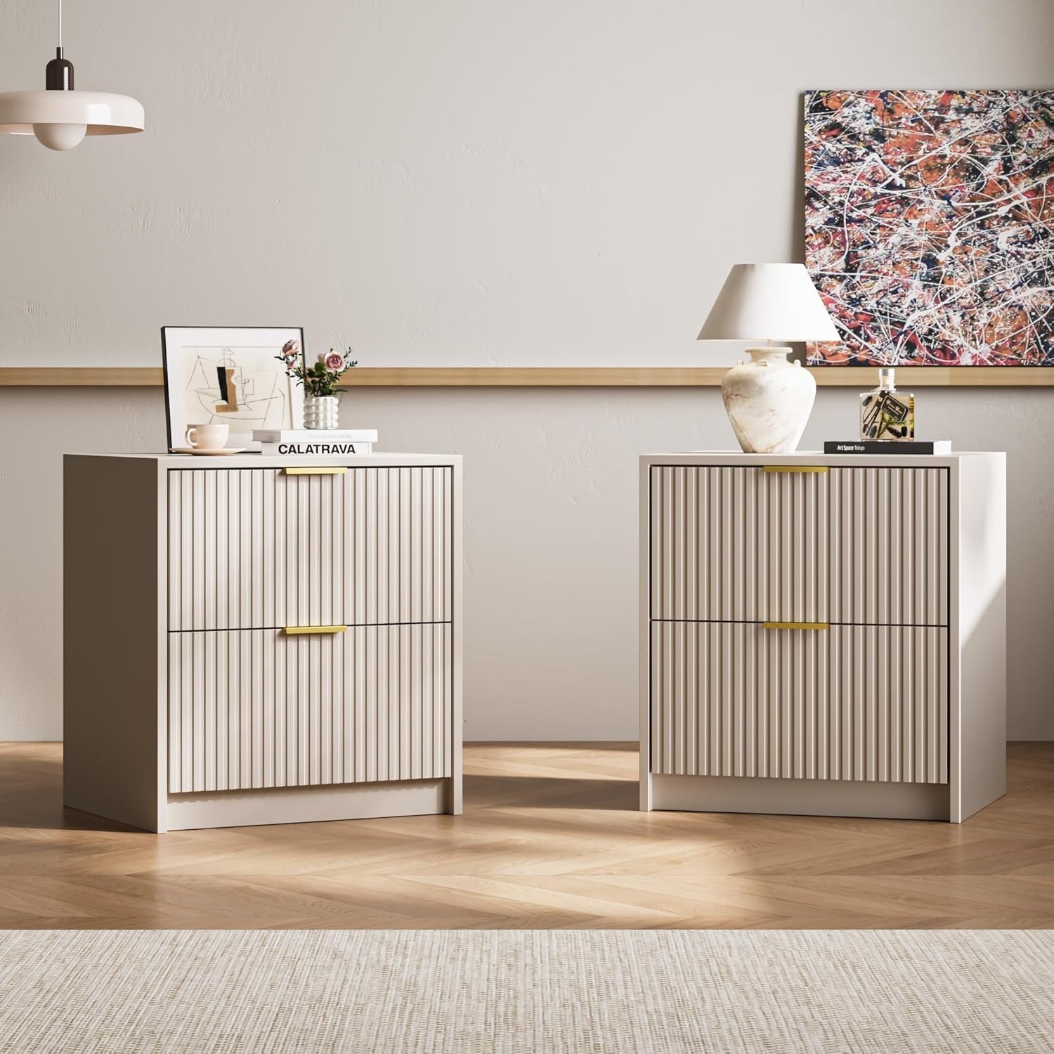 Fluted Nightstands Set of 2 with 2 Drawers, 19.6″ Modern Storage Bedside Table