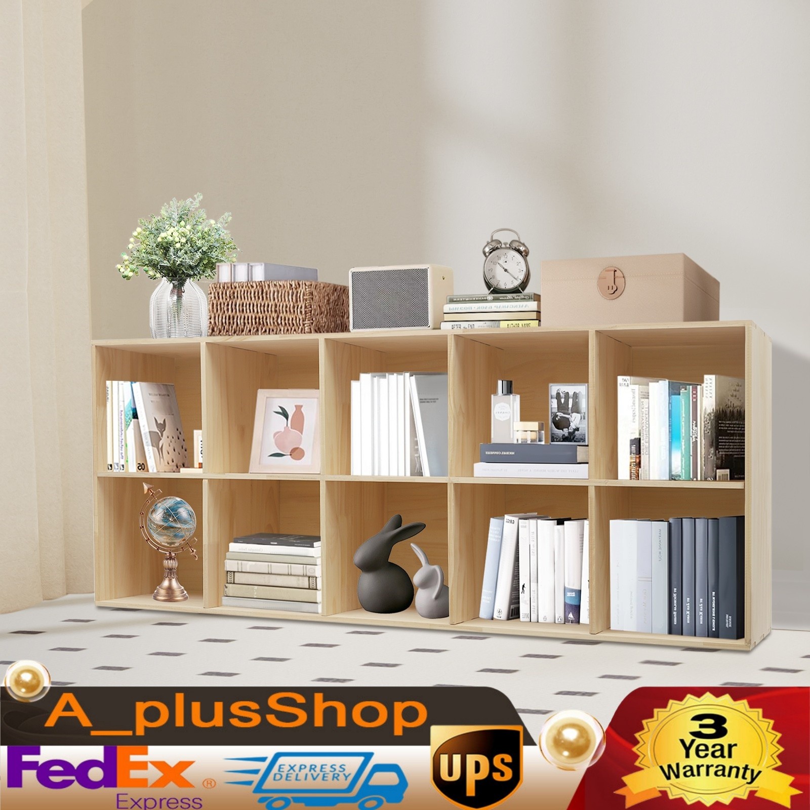 10 Cube Solid Wood Shelves, Wooden Shelf Bookcase, Floor Standing Bookshelf USA