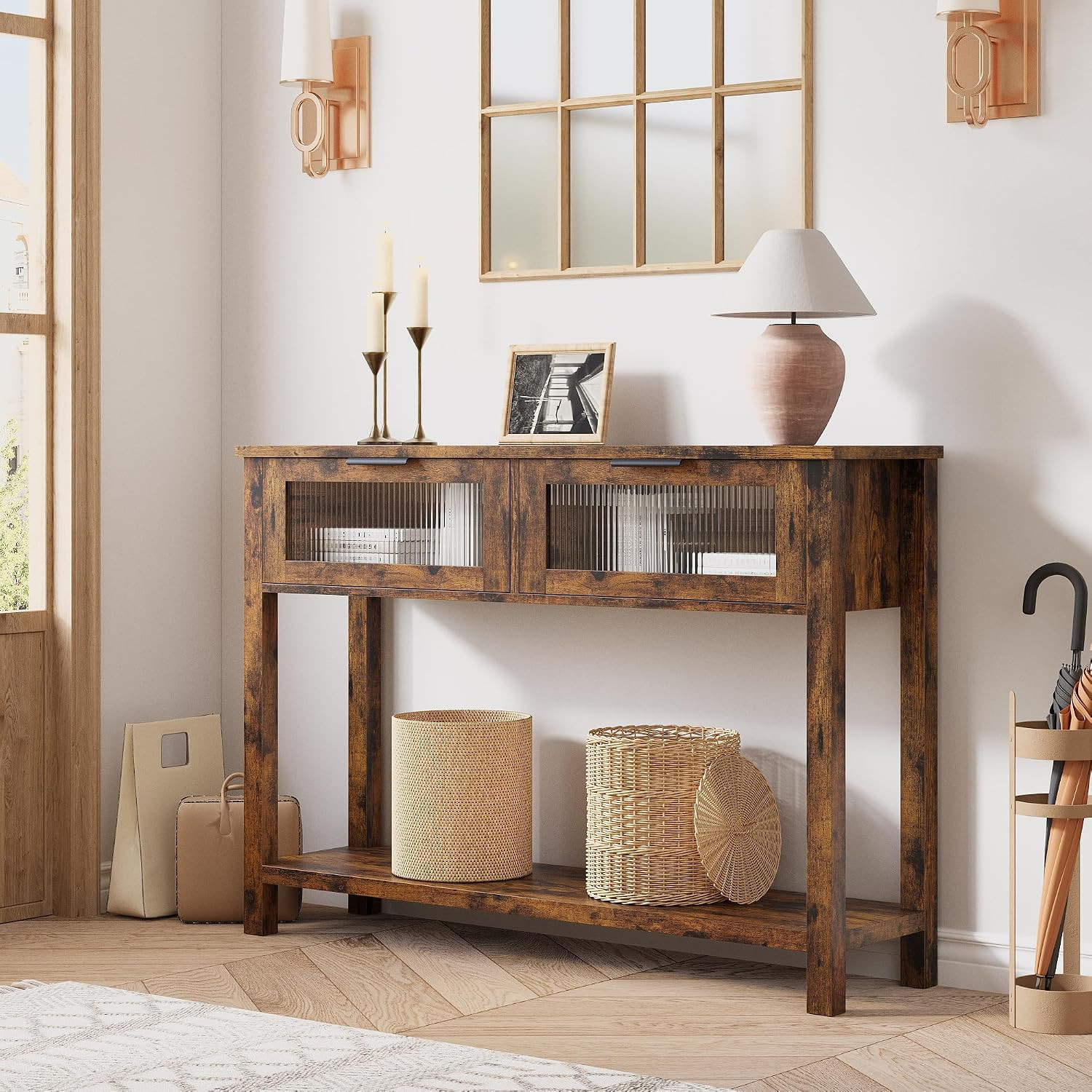 Narrow Console Table with Glass Drawers & Shelf for Living Room – Burlywood