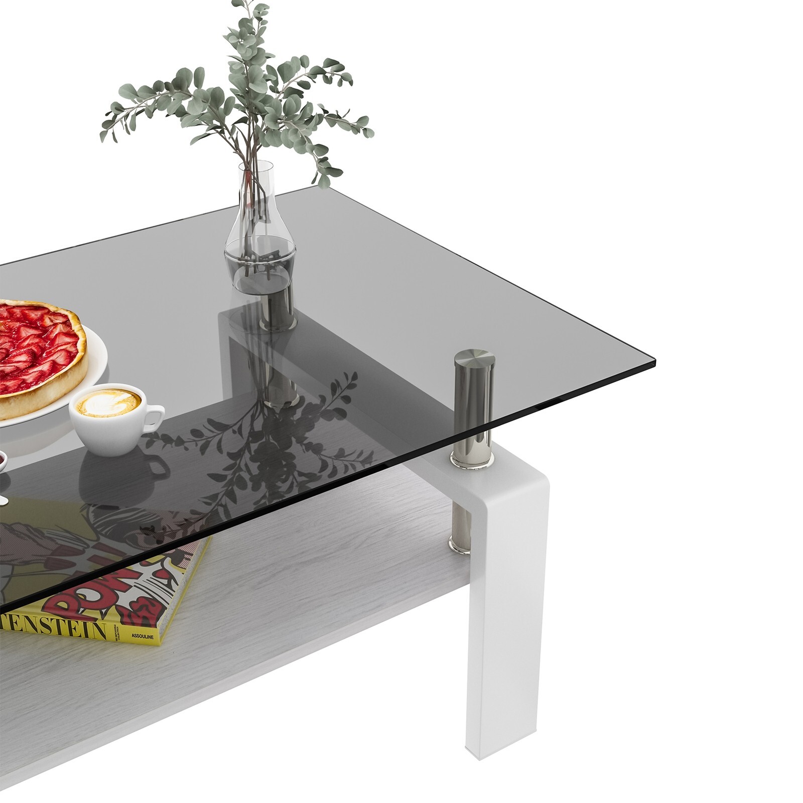 Rectangle Coffee Table Tempered Glass Tabletop with MDF Layer for Living Room